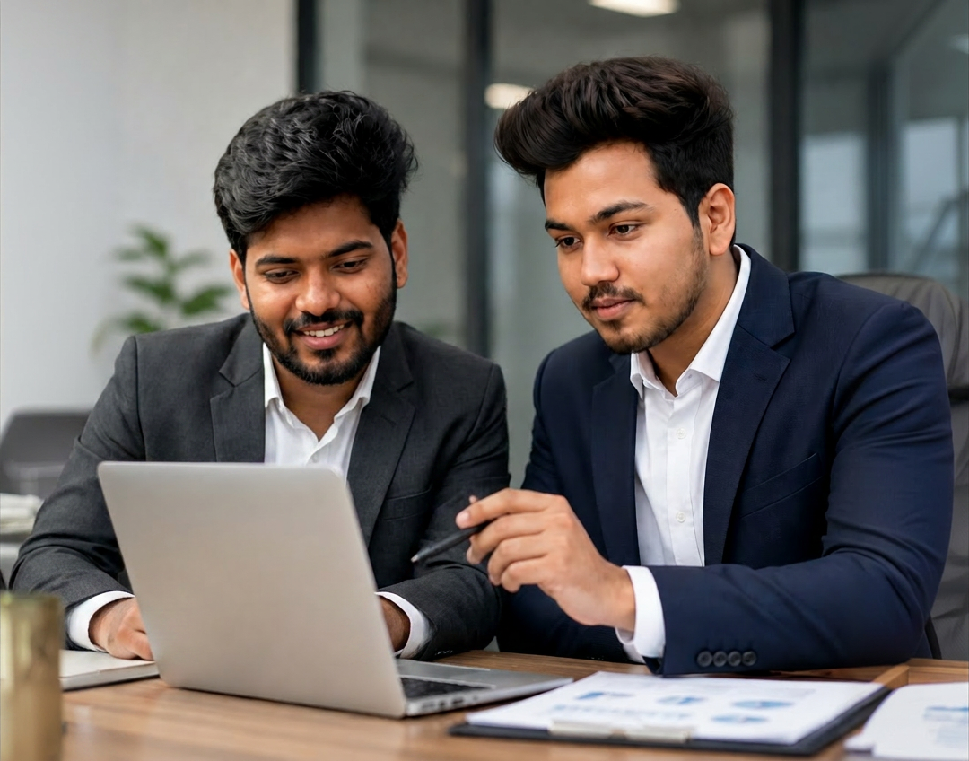 Two CoderVu team members collaborating on a laptop